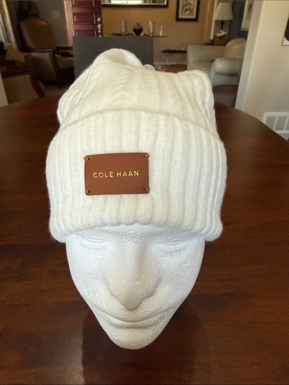 Cole Haan White Ribbed Beanie with Leather Logo Patch OS NWT